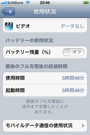 iPhone4S バッテリー使用状況