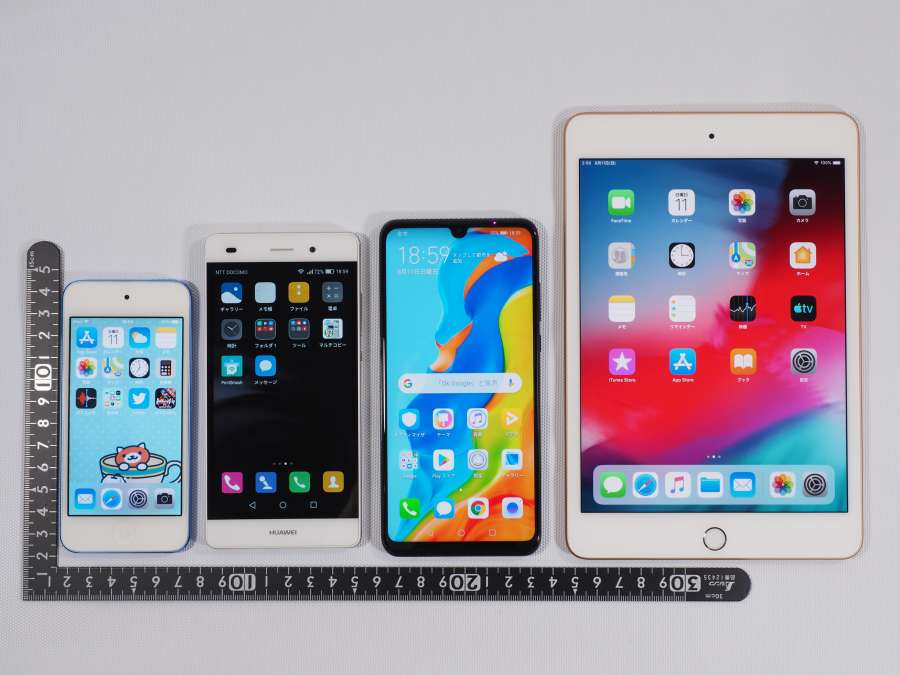 iPad mini、iPod touch、P8 lite、P30 lite画面比較