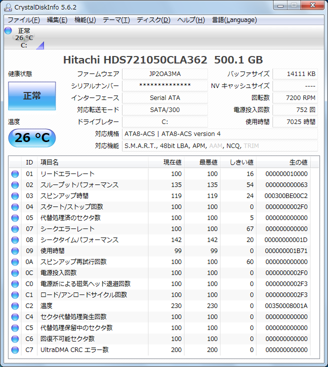 日立GST HDS721050CLA362 DESKSTAR 500GB 0S02600 HDD CrystalDiskInfo 2011年