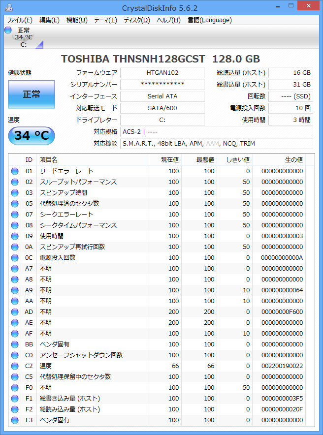 東芝 SSD THNSNH128GCST CrystalDiskInfo