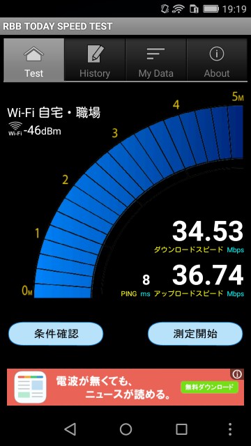 回線速度測定・スピードテストスマホアプリ RBB TODAY SPEED TEST 測定画面