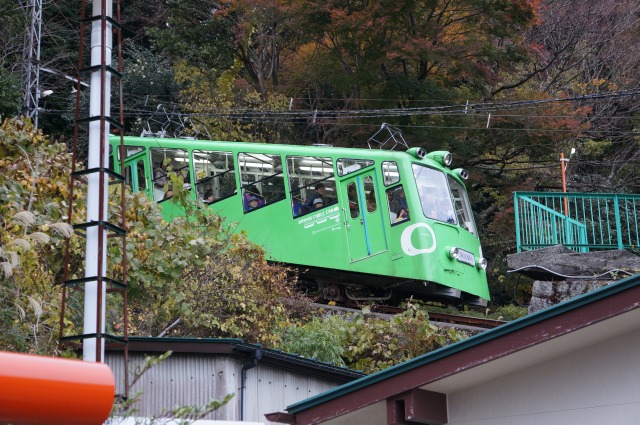 緑色のケーブルカーおおやま号